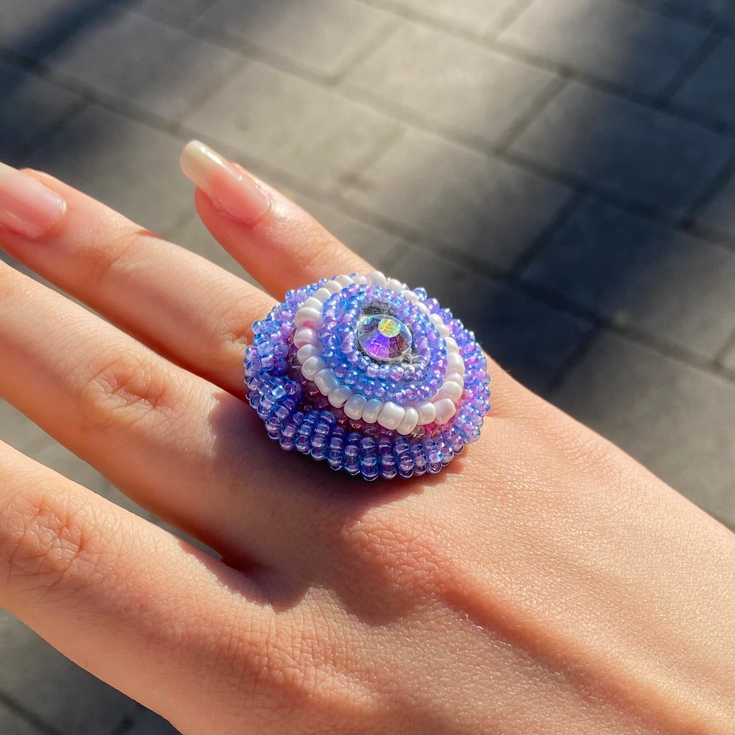 Violet Dream Adjustable Beaded Ring with Swarovski Crystals