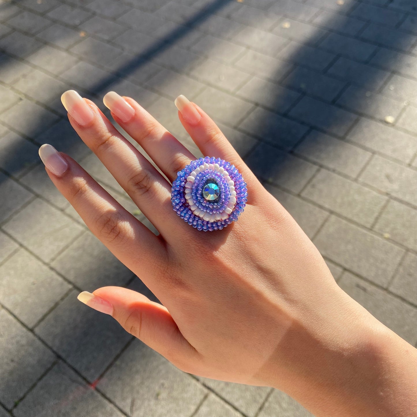 Violet Dream Adjustable Beaded Ring with Swarovski Crystals