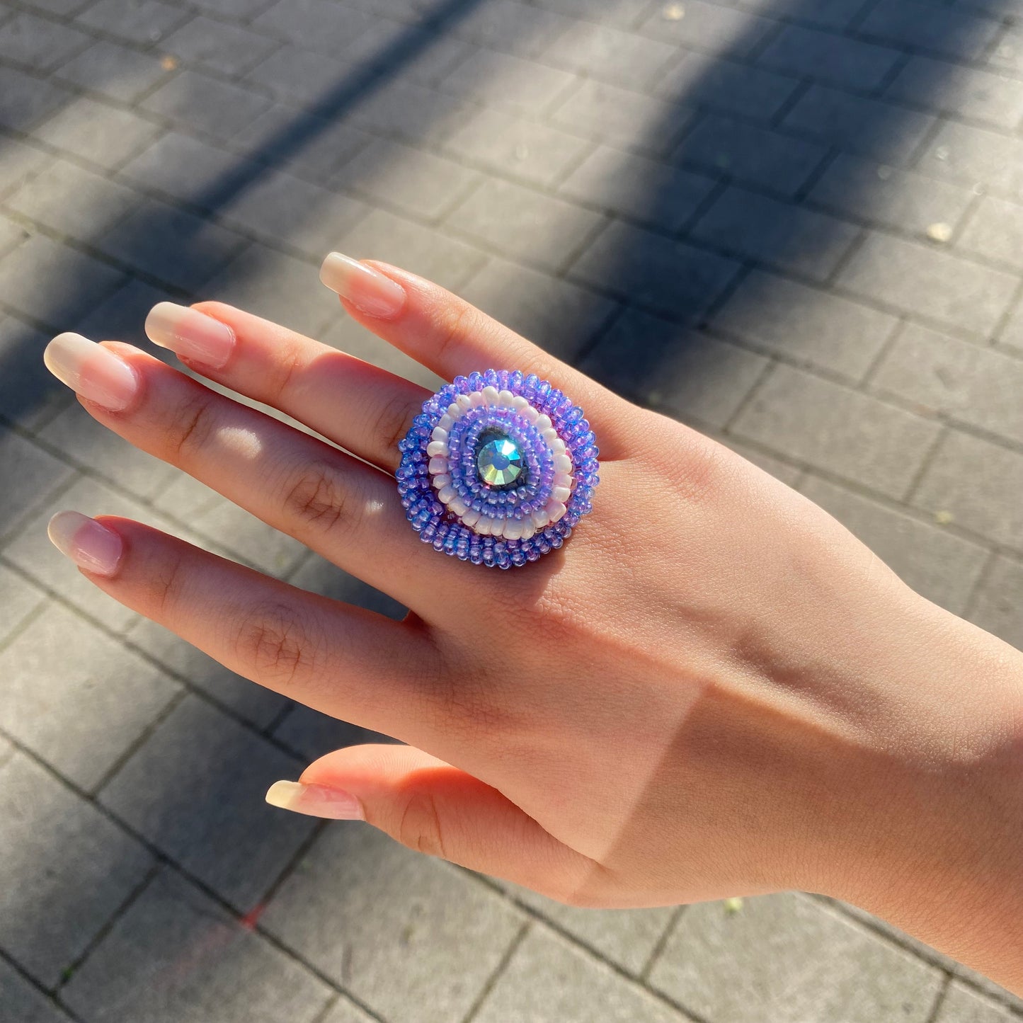 Violet Dream Adjustable Beaded Ring with Swarovski Crystals