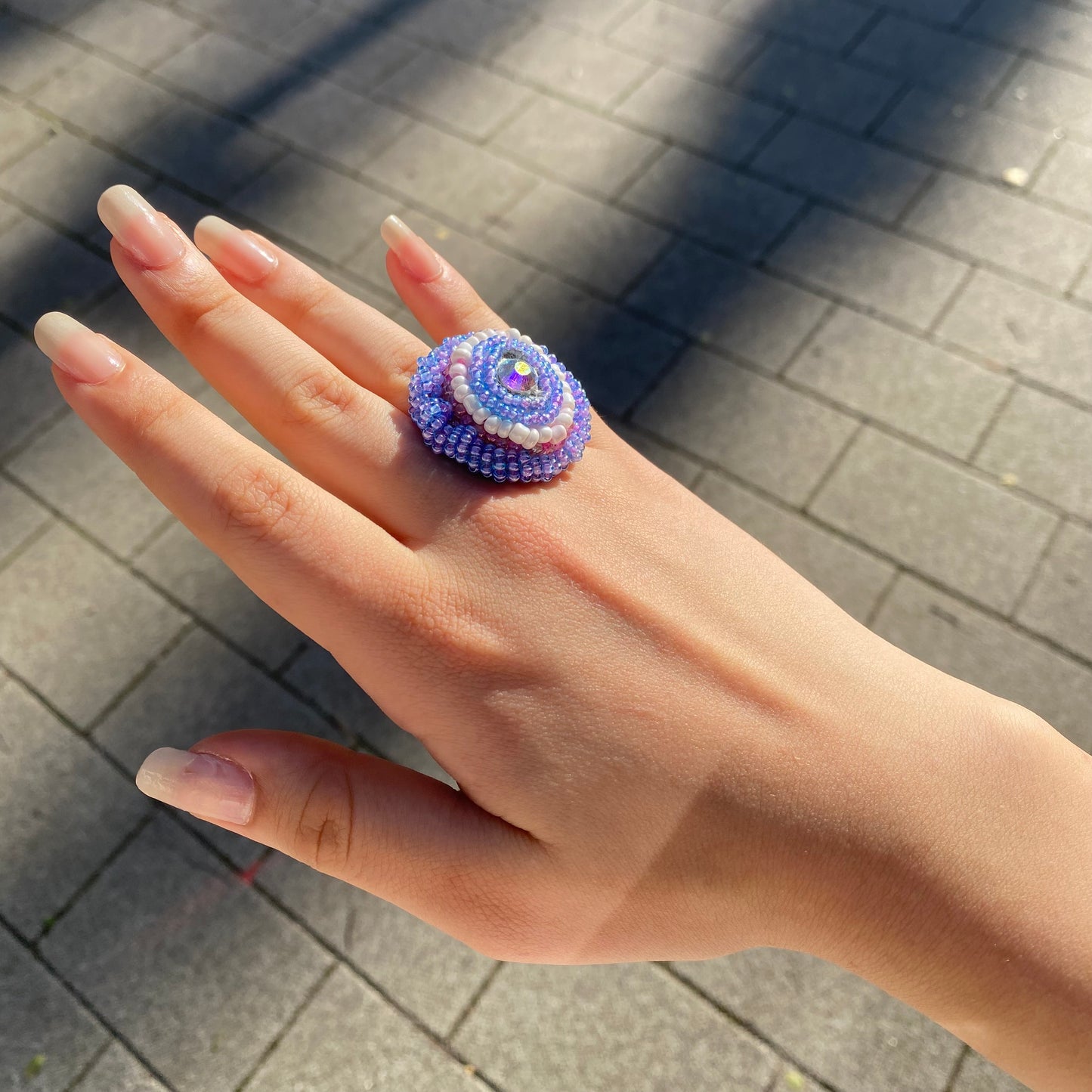 Violet Dream Adjustable Beaded Ring with Swarovski Crystals
