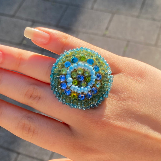 Adjustable Beaded Ring with Swarovski Crystals – Green & Blue Tones