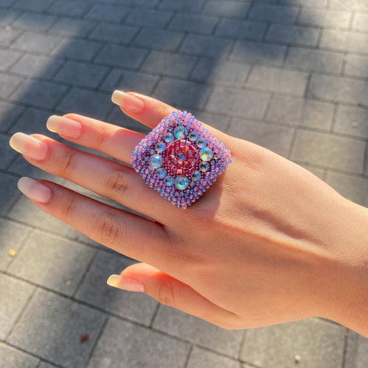 Geometric Purple Swarovski Beaded Ring