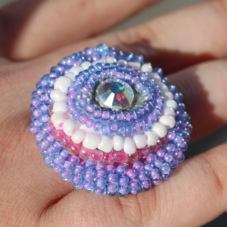 Violet Dream Adjustable Beaded Ring with Swarovski Crystals