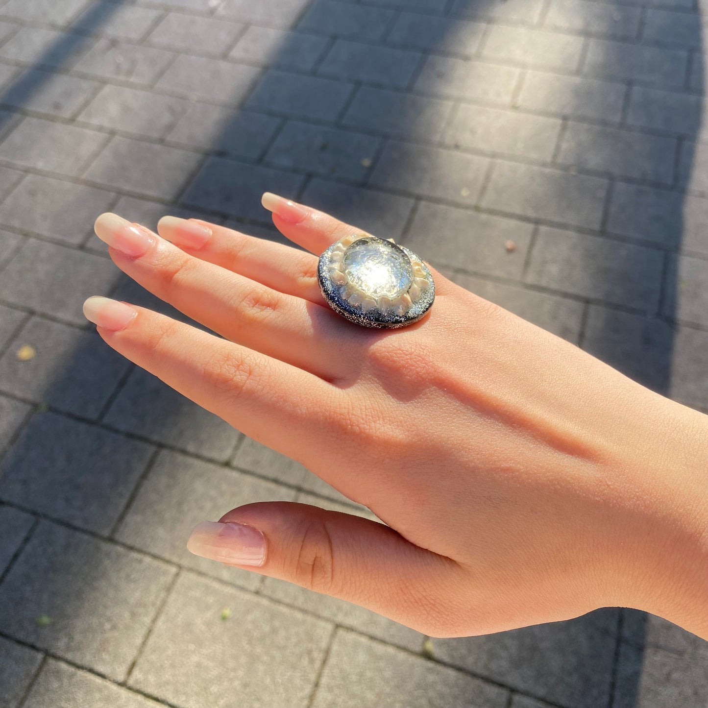 Handcrafted Seashell & Glass Adjustable Ring