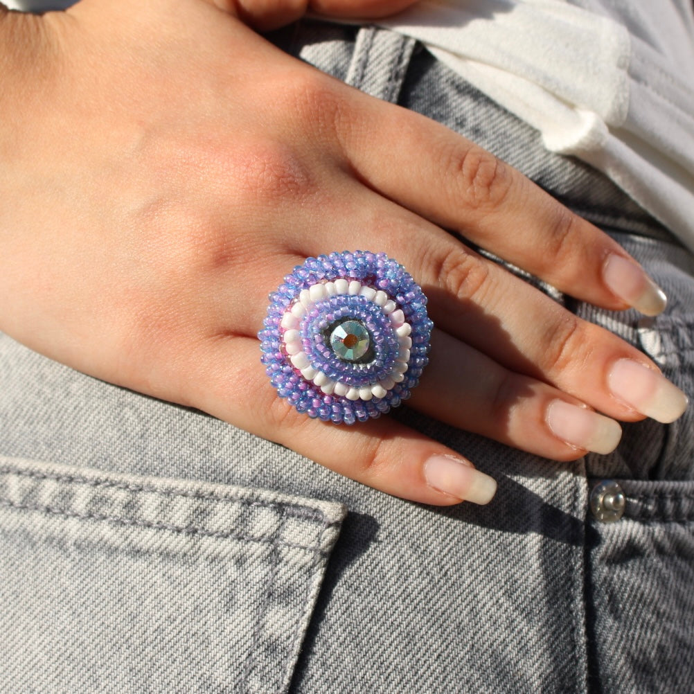 Violet Dream Adjustable Beaded Ring with Swarovski Crystals