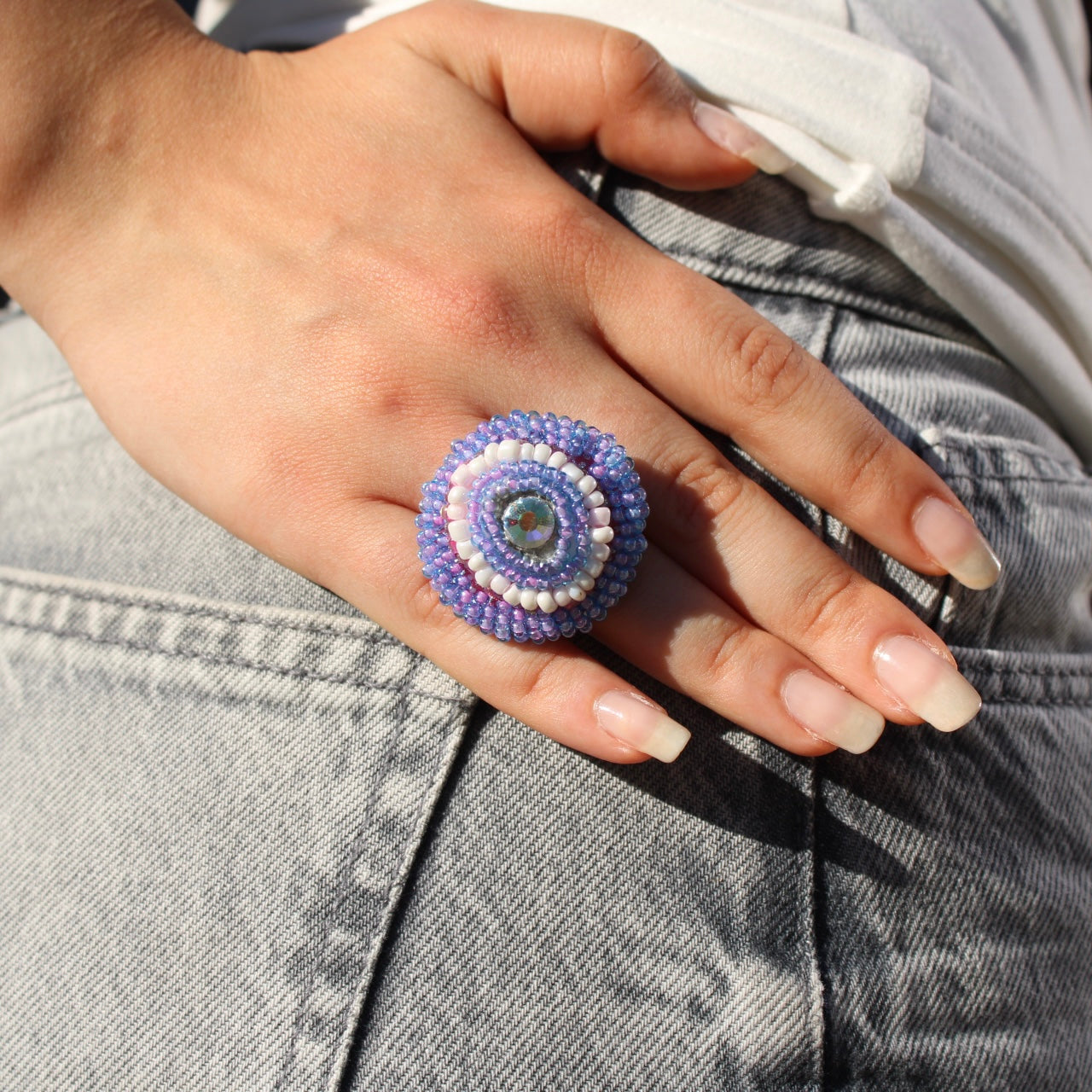 Violet Dream Adjustable Beaded Ring with Swarovski Crystals