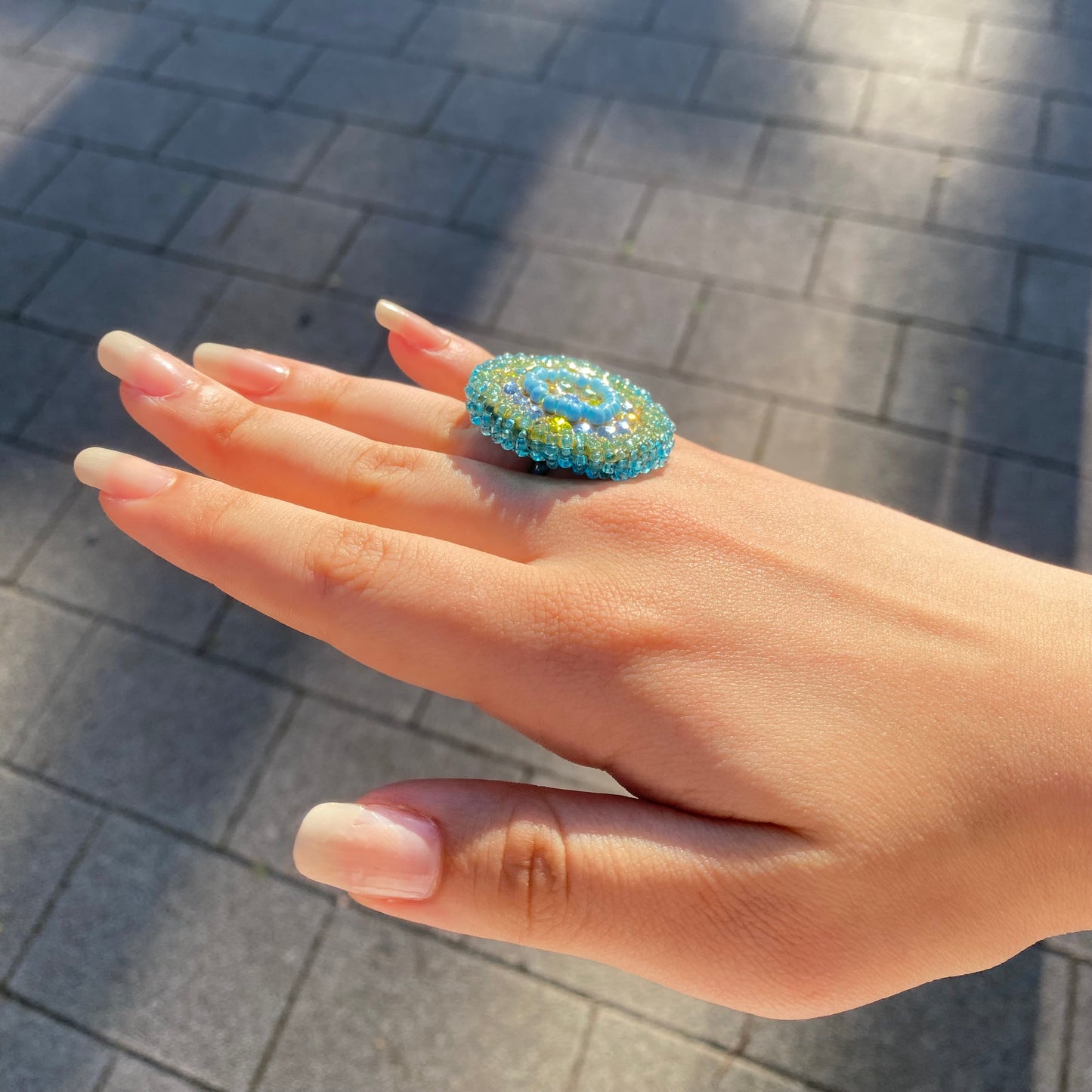 Adjustable Beaded Ring with Swarovski Crystals – Green & Blue Tones