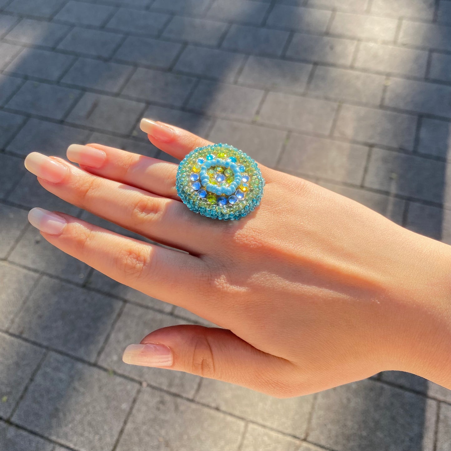 Adjustable Beaded Ring with Swarovski Crystals – Green & Blue Tones
