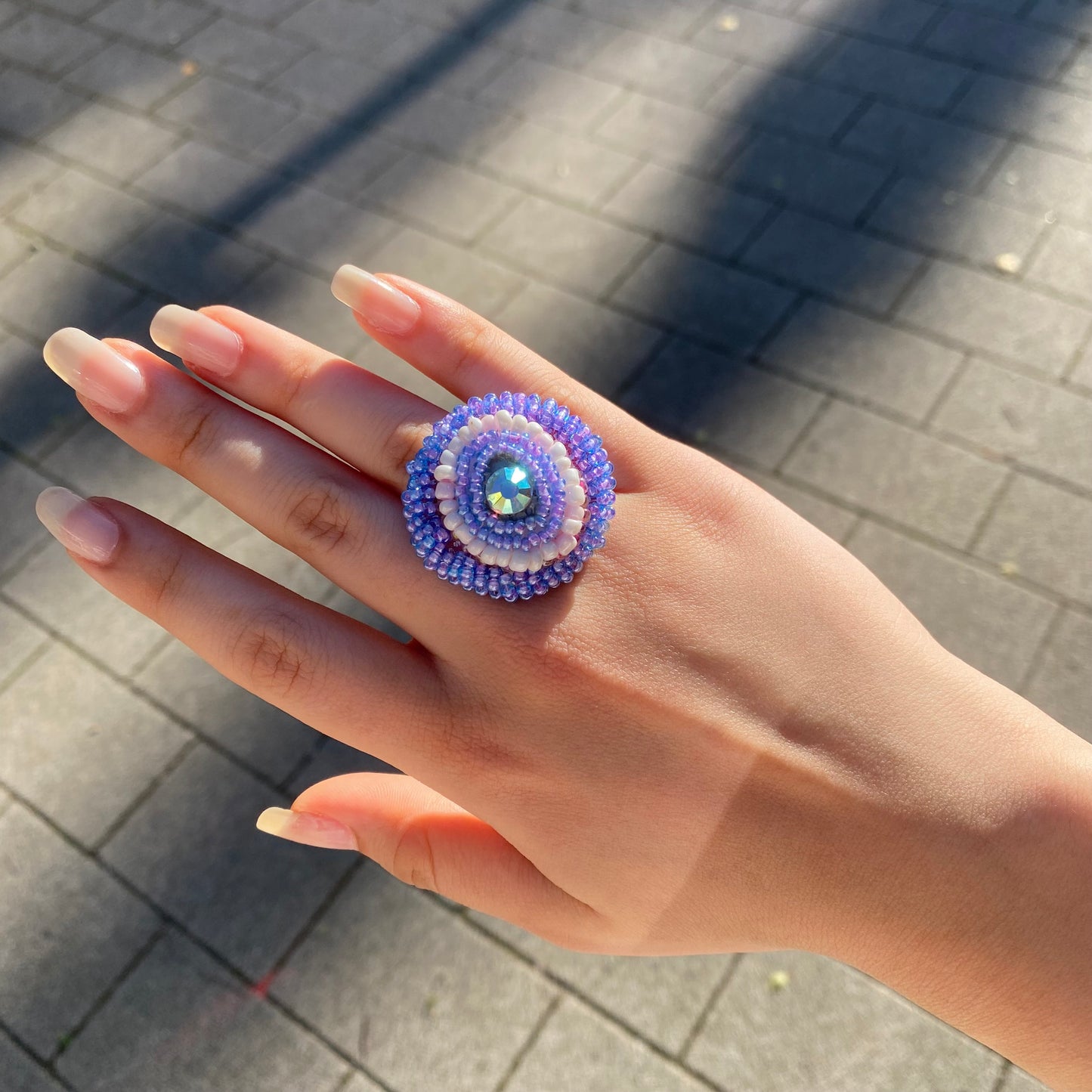 Violet Dream Adjustable Beaded Ring with Swarovski Crystals