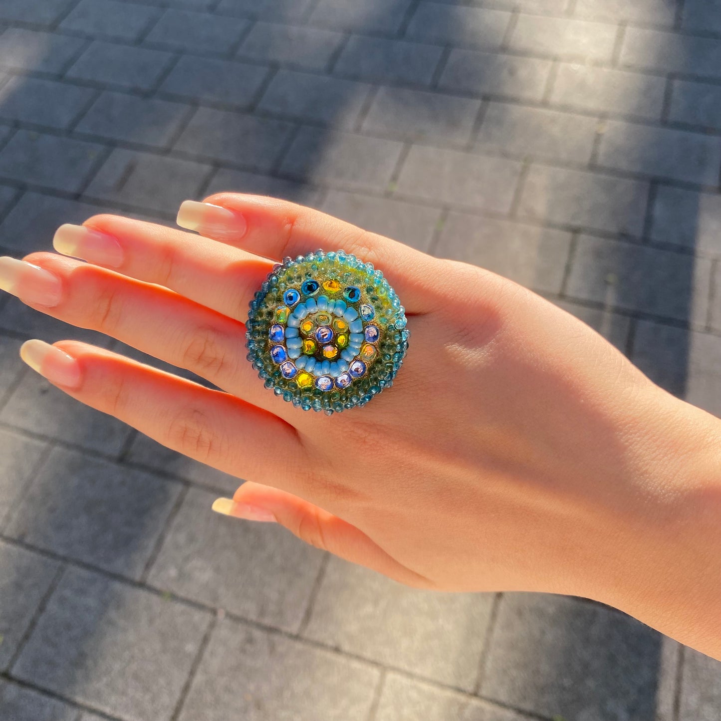 Adjustable Beaded Ring with Swarovski Crystals – Green & Blue Tones