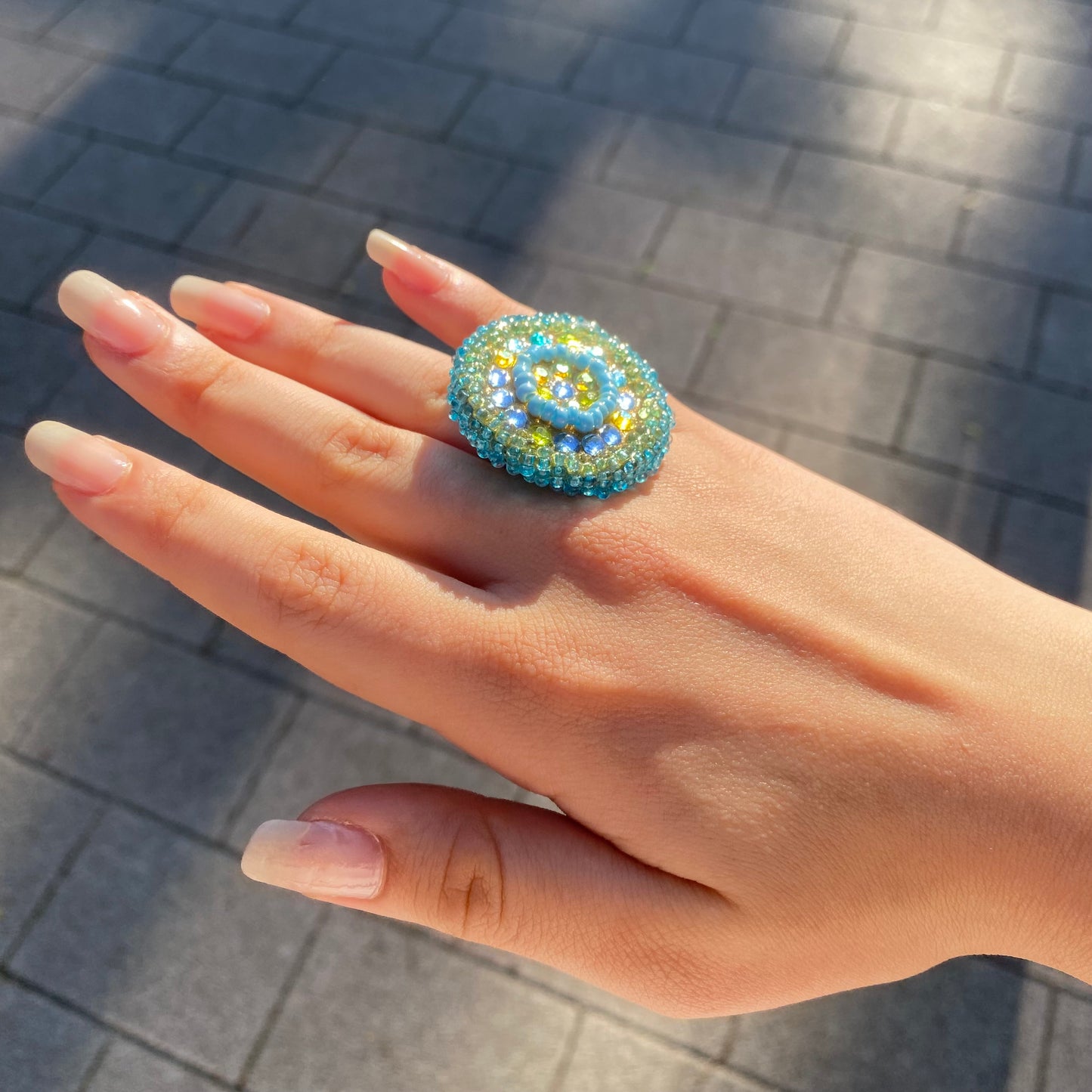 Adjustable Beaded Ring with Swarovski Crystals – Green & Blue Tones