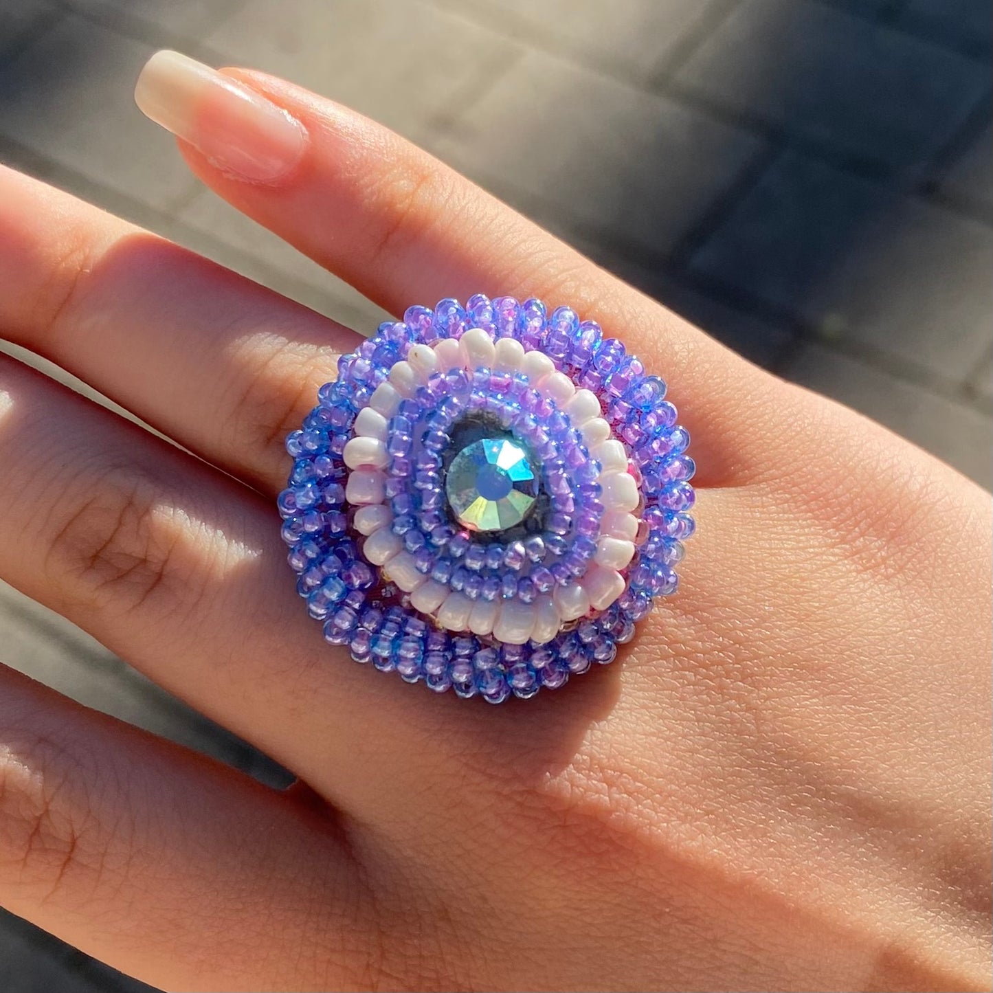 Violet Dream Adjustable Beaded Ring with Swarovski Crystals