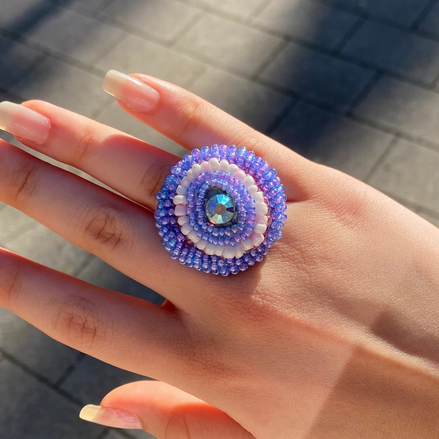 Violet Dream Adjustable Beaded Ring with Swarovski Crystals
