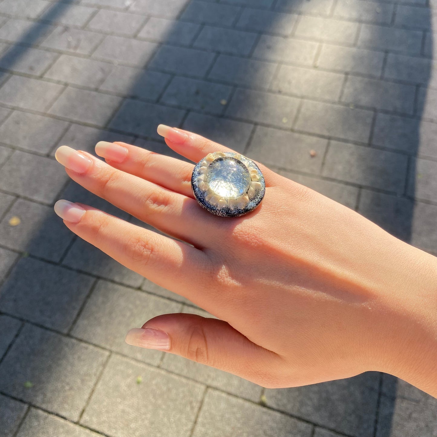 Handcrafted Seashell & Glass Adjustable Ring