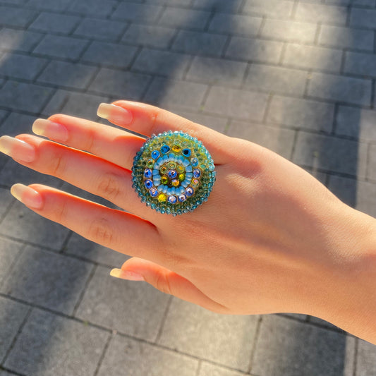 Adjustable Beaded Ring with Swarovski Crystals – Green & Blue Tones