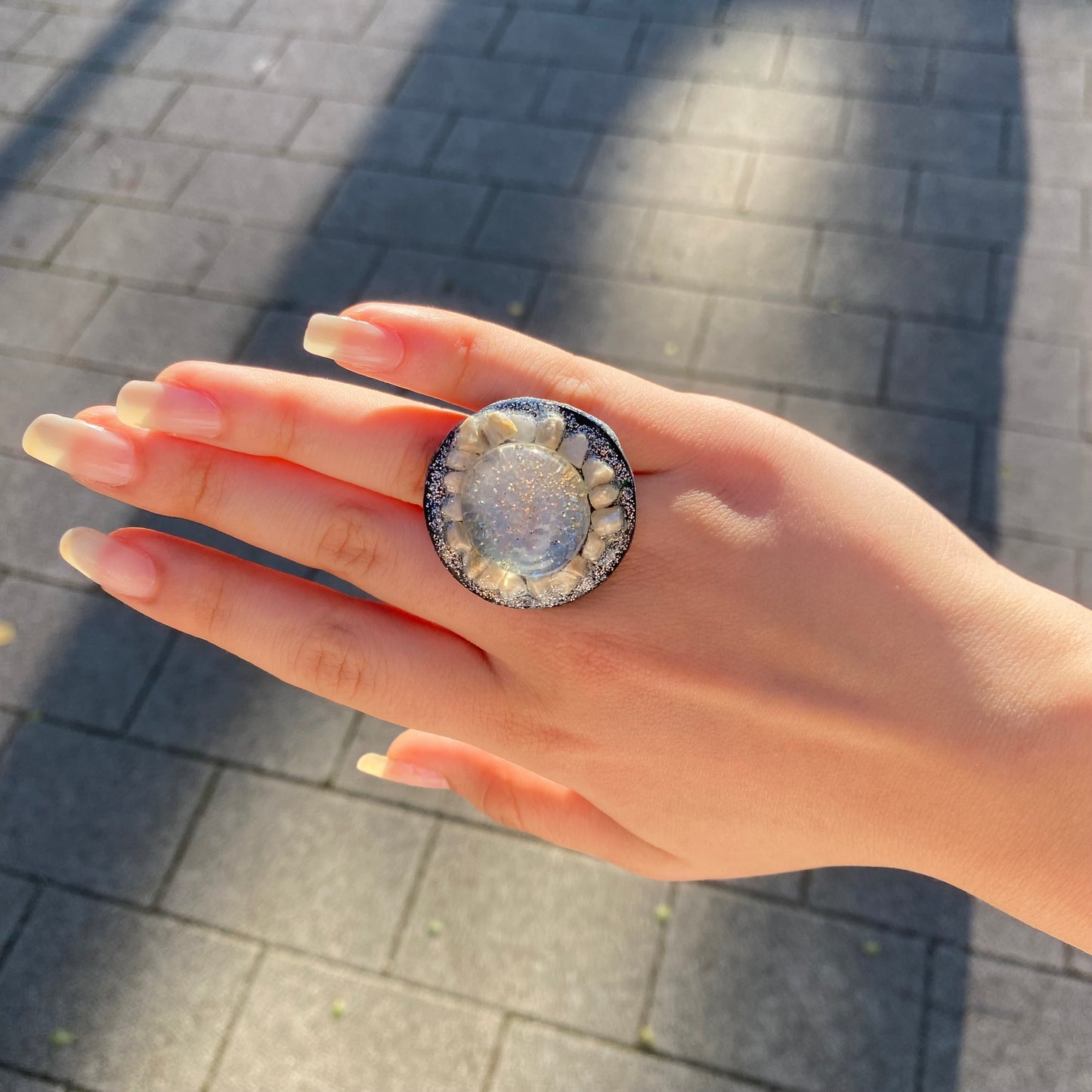 Handcrafted Seashell & Glass Adjustable Ring