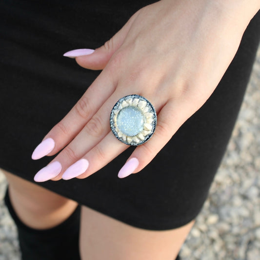 Handcrafted Seashell & Glass Adjustable Ring