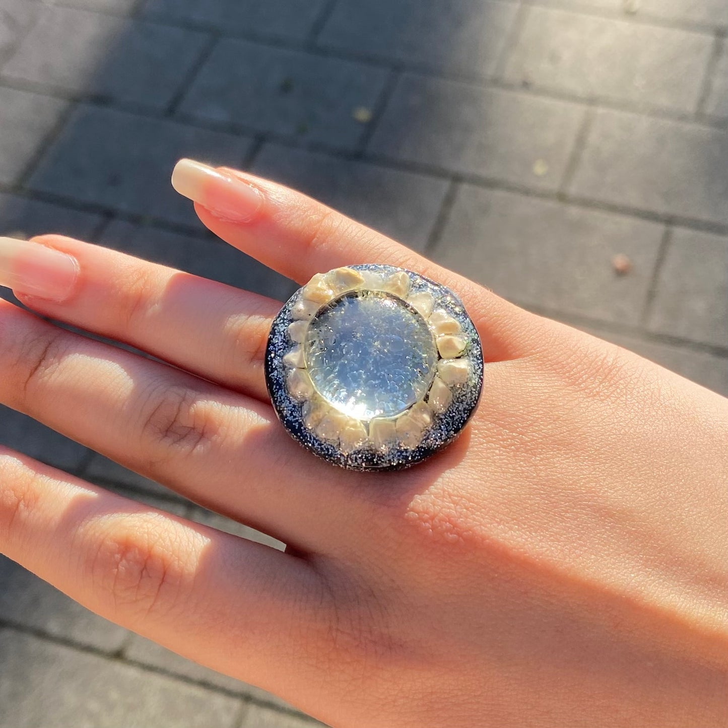 Handcrafted Seashell & Glass Adjustable Ring