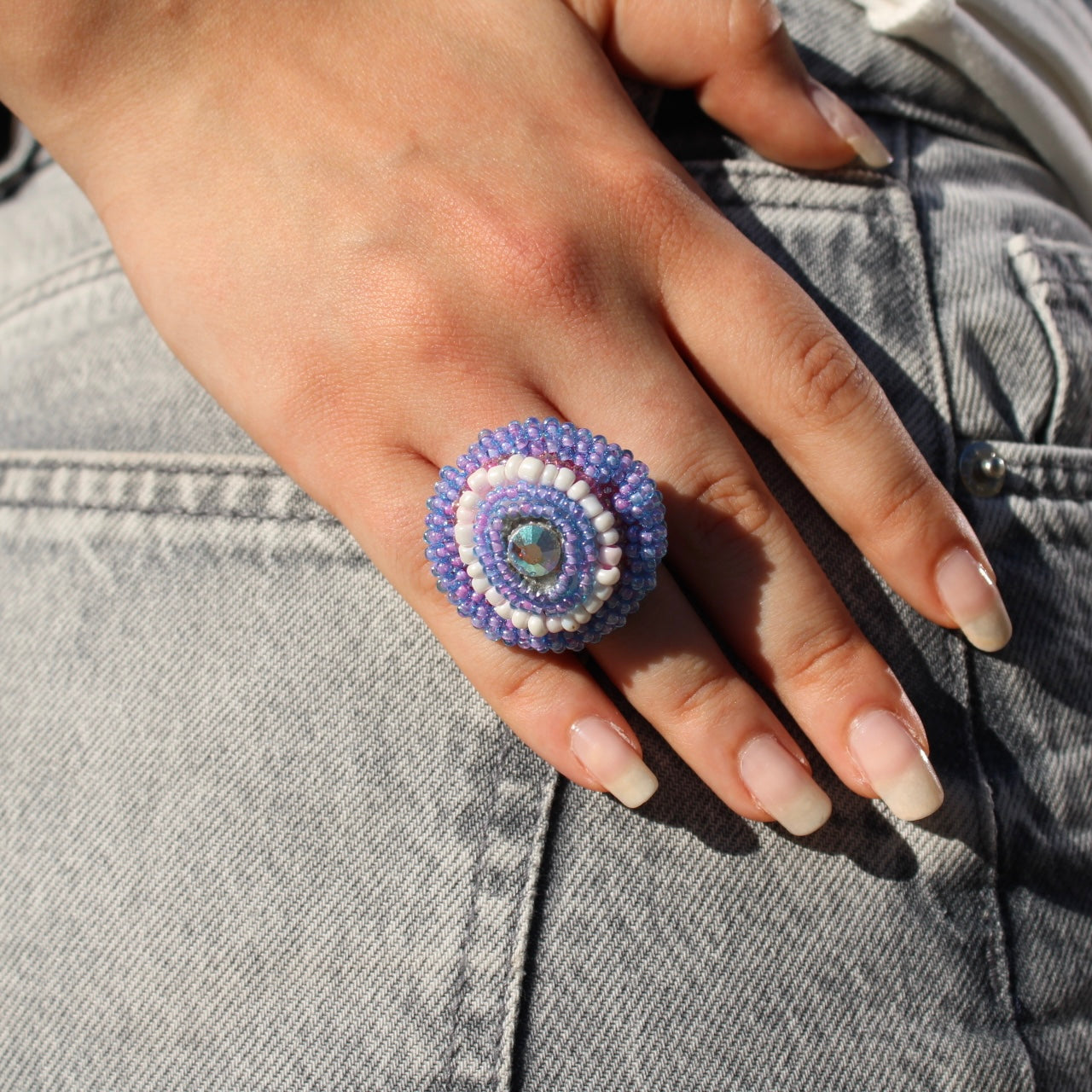 Violet Dream Adjustable Beaded Ring with Swarovski Crystals