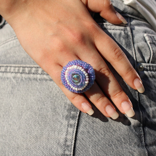 Violet Dream Adjustable Beaded Ring with Swarovski Crystals